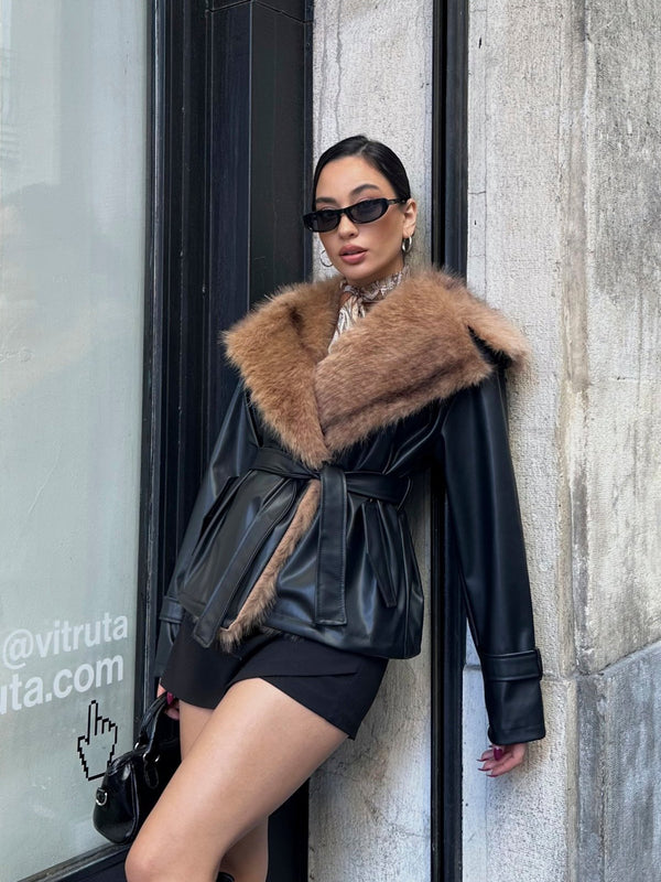 Premium Kürk Yaka Bağlamalı Deri Ceket Mont