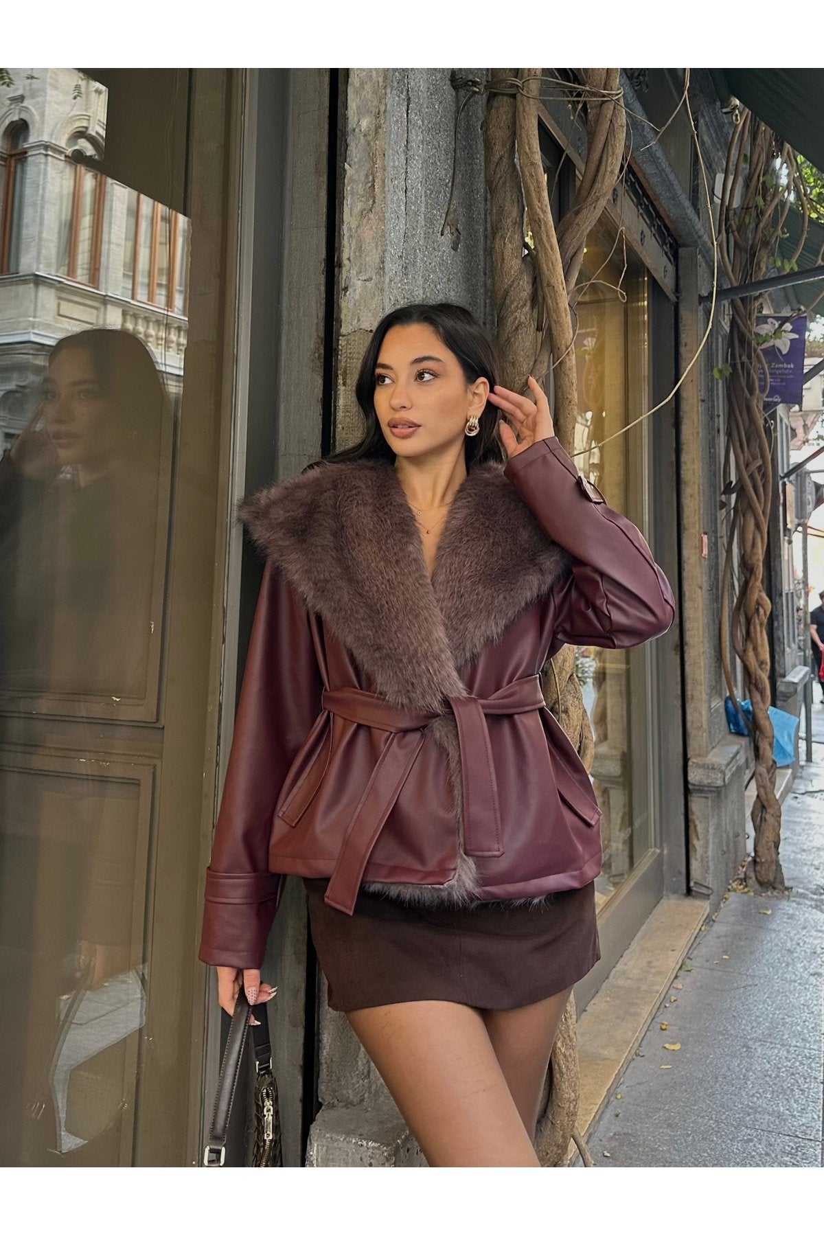 Premium Kürk Yaka Bağlamalı Deri Ceket Mont