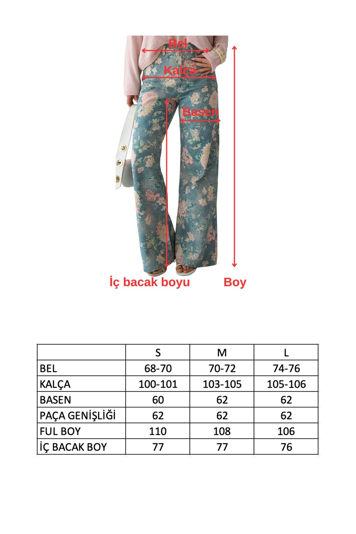 İthal Kumaş Etnik Desenli Yüksek Bel Wide Leg Jean Kot Pantolon