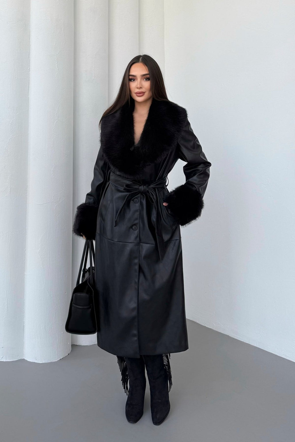 Premium Kürk Yaka Kürk Bilek Detay Cepli Astarlı Kemeri İthal Deri Kaban Mont