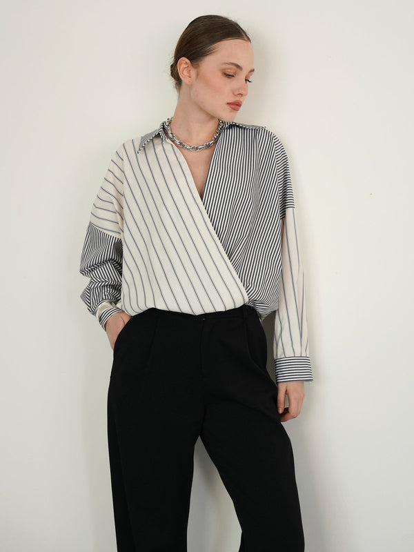 ÇİZGİLİ PATCHWORK POPLİN PREMİUM GÖMLEK