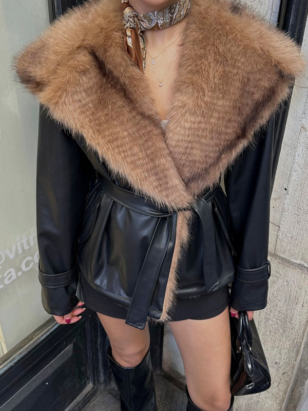 Premium Kürk Yaka Bağlamalı Deri Ceket Mont