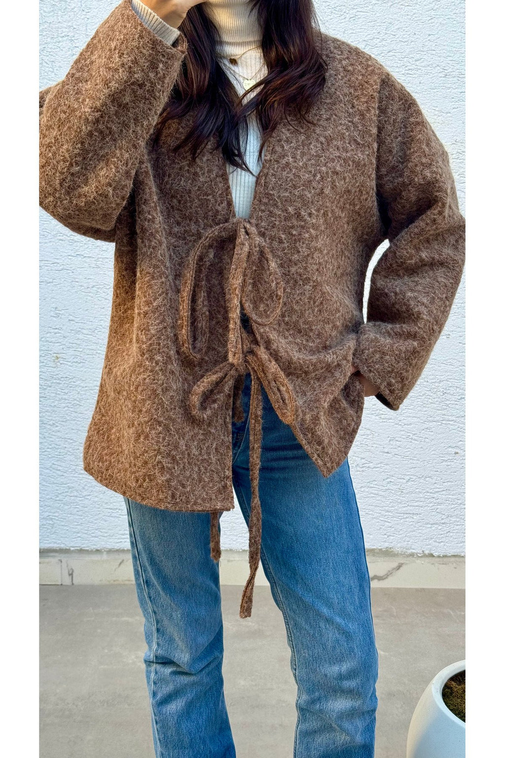 Kırçıllı Buklet Kumaş Saçaklı Astarlı Önden Bağlamalı Premium Kaşe Kimono Kaban Ceket