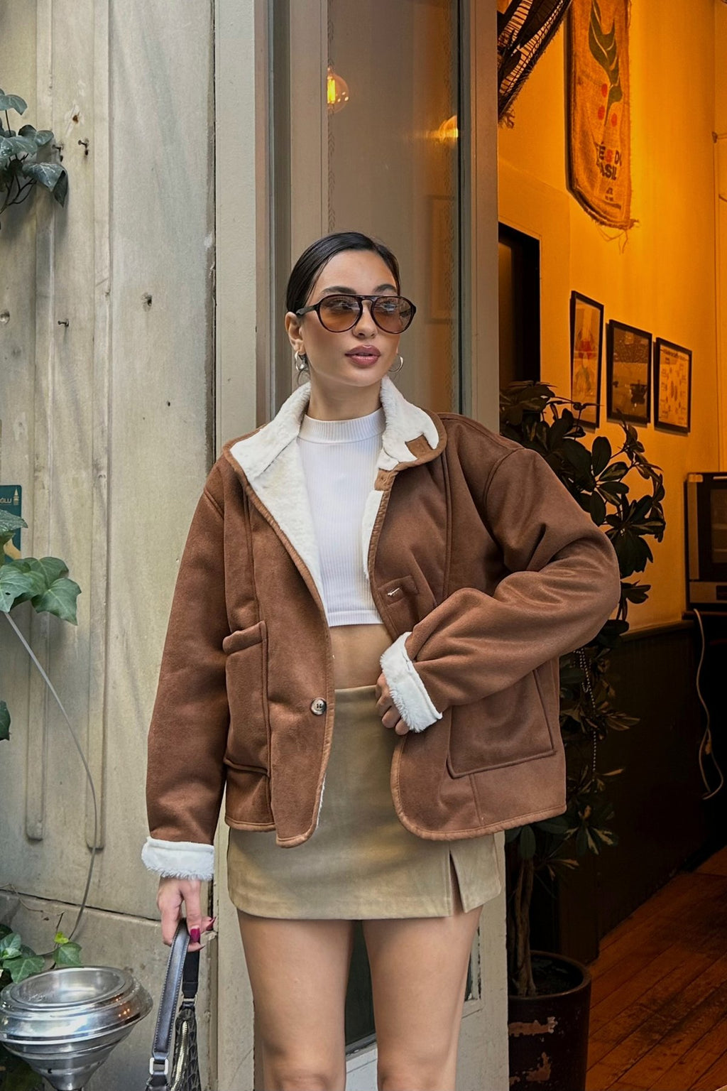 Cepli Düğmeli İçi Kürklü Süet Ceket