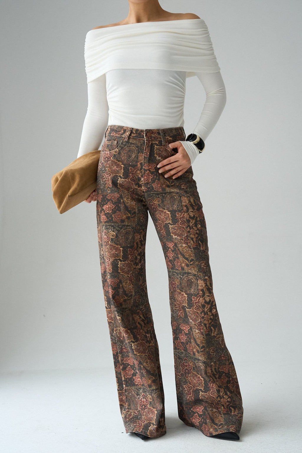 İthal Kumaş Etnik Desenli Yüksek Bel Wide Leg Jean Kot Pantolon