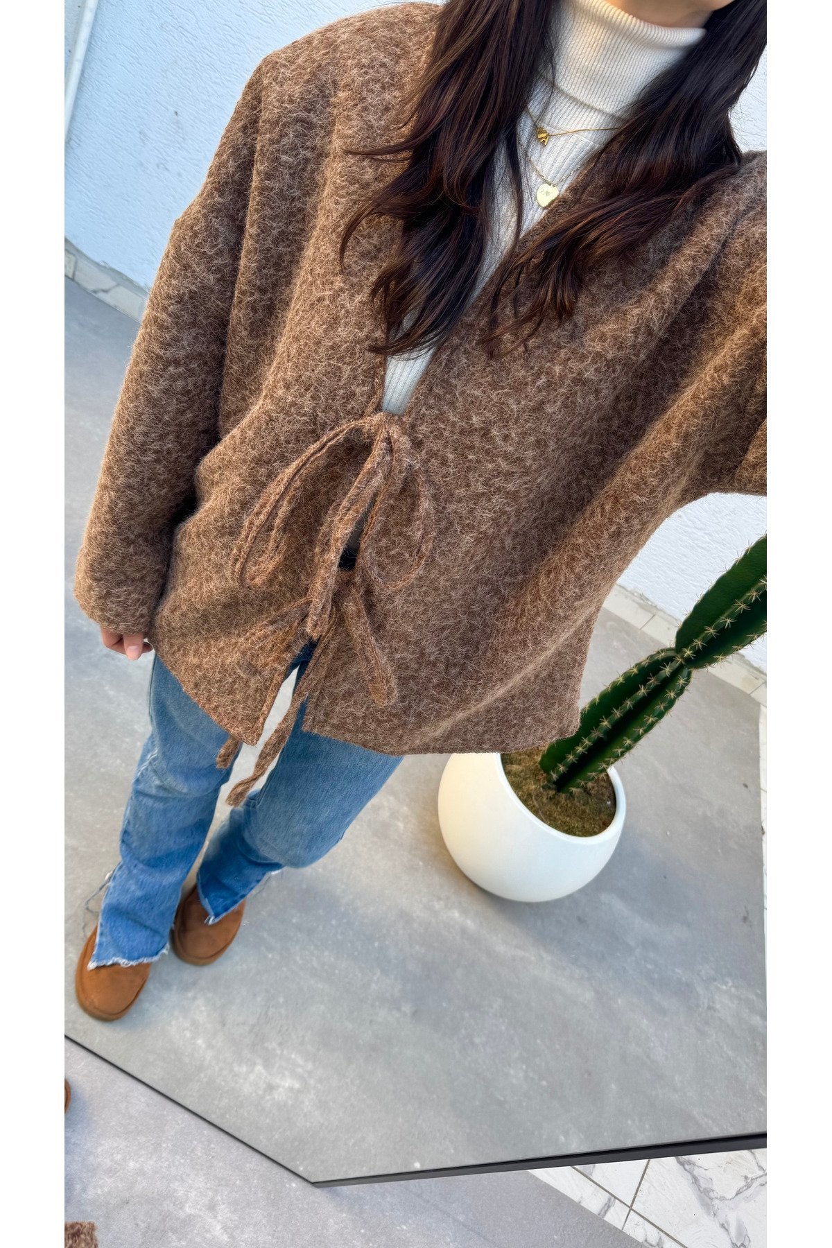 Kırçıllı Buklet Kumaş Saçaklı Astarlı Önden Bağlamalı Premium Kaşe Kimono Kaban Ceket