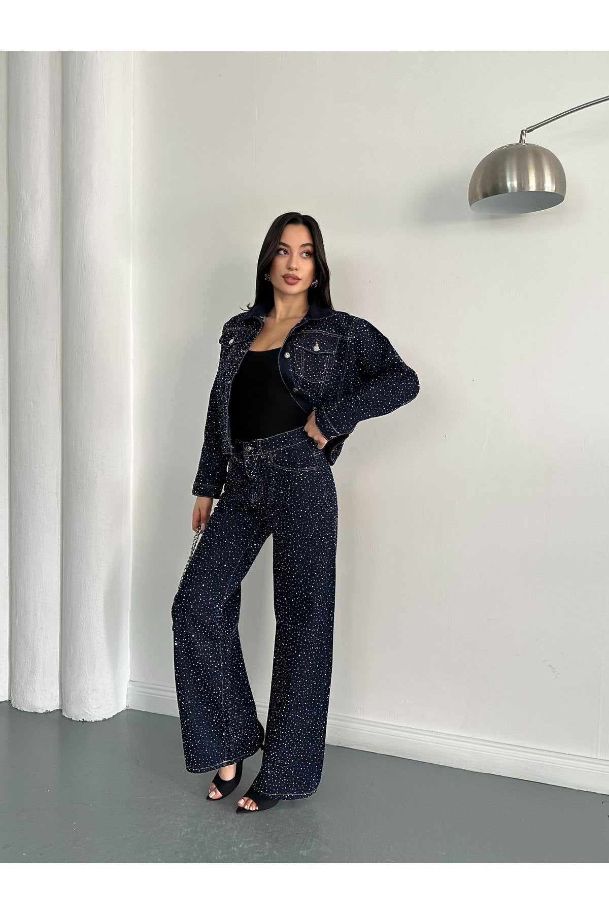 Premium Taşlı Collection Cep Detaylı Kuşaklı Denim Ceket Pantolon Kot Jean Alt Üst Taşlı Takım