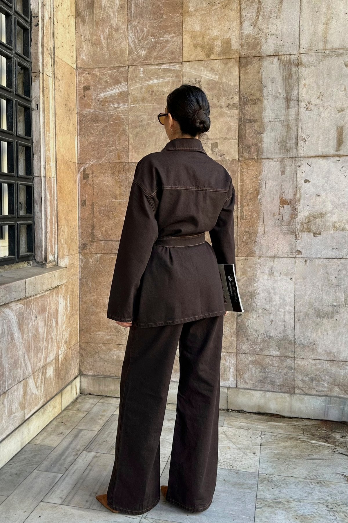 Cep Detaylı Kuşaklı Lacivert Denim Premium Ceket Pantolon Kot Jean Takım