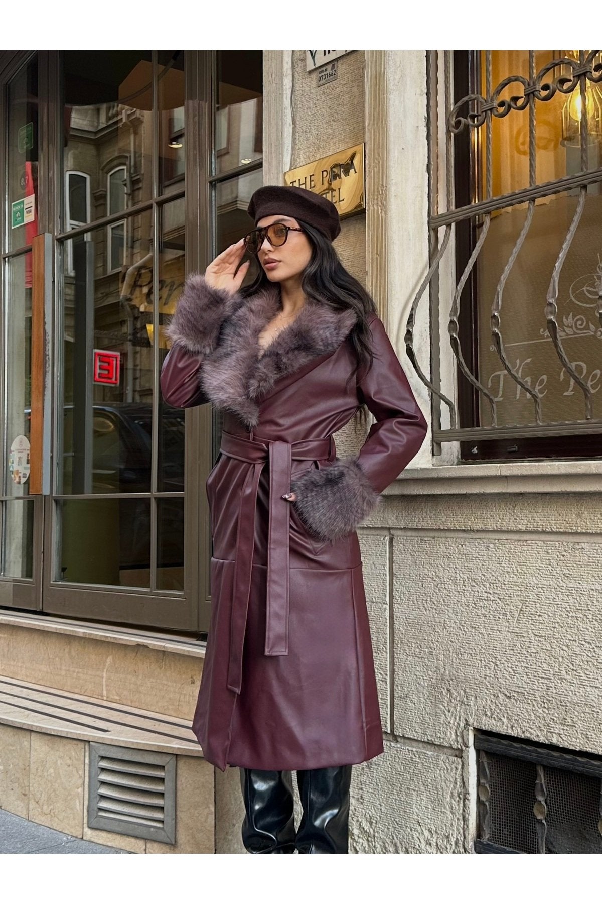 Premium Kürk Yaka Kürk Bilek Detay Cepli Astarlı Kemeri İthal Deri Kaban Mont