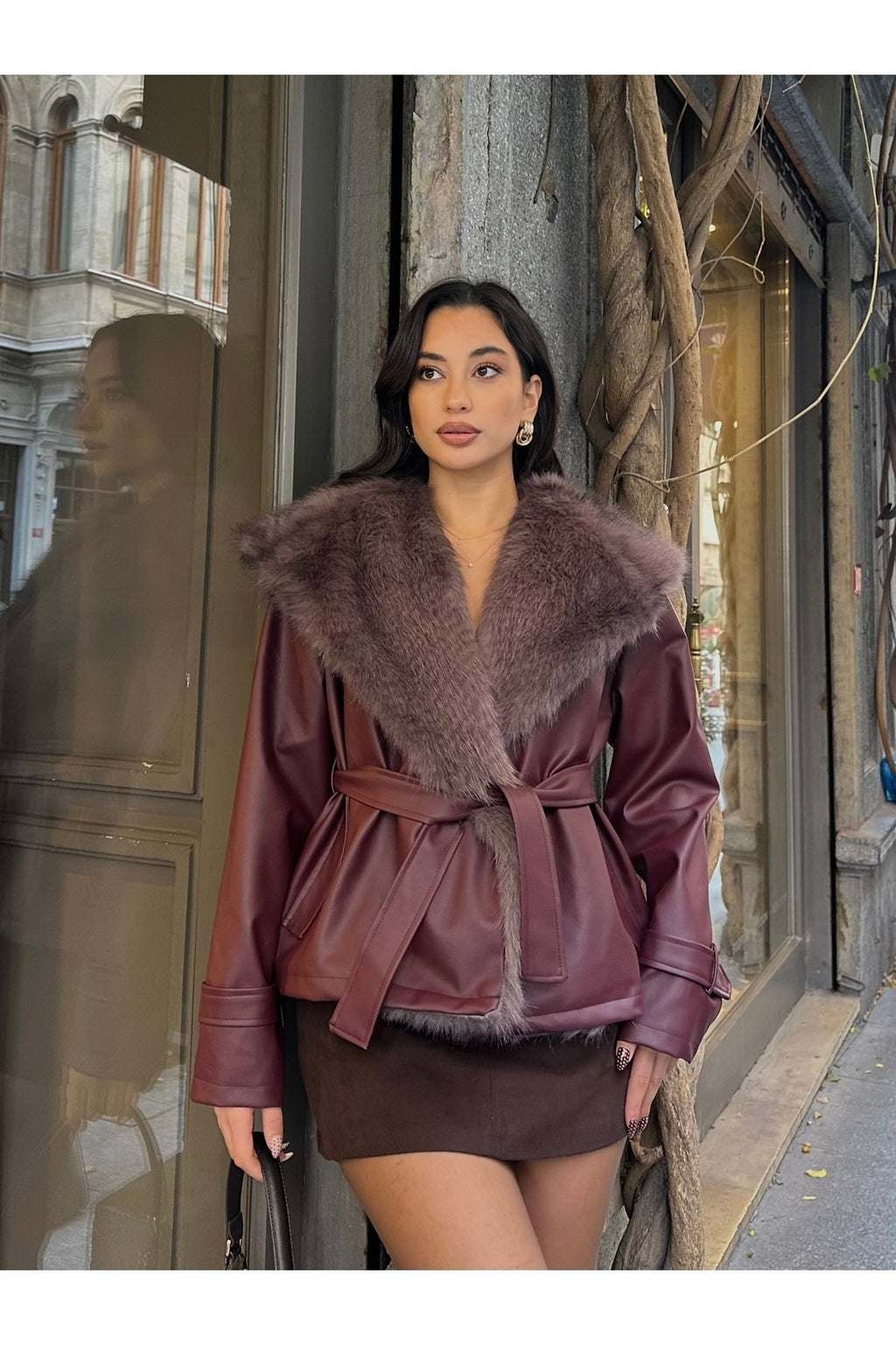 Premium Kürk Yaka Bağlamalı Deri Ceket Mont