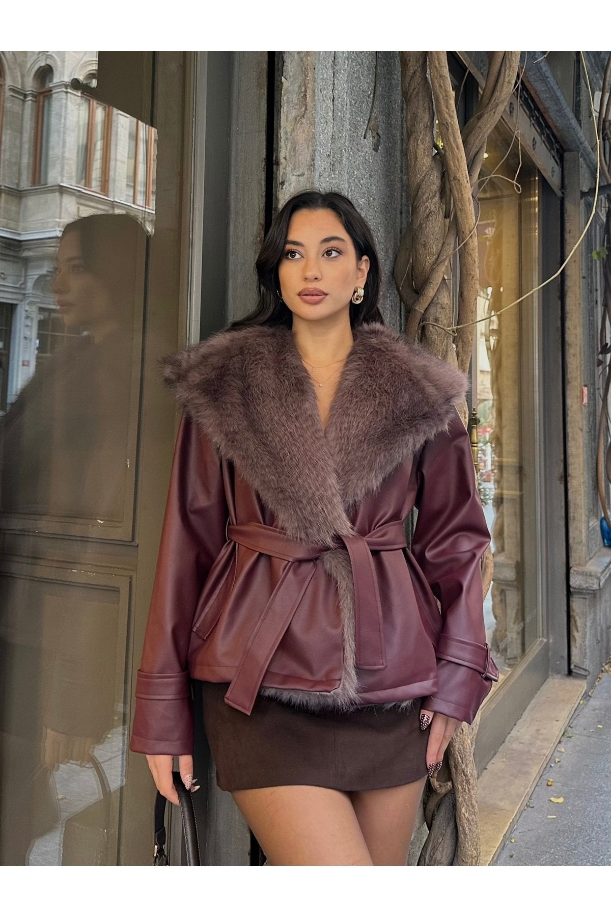 Premium Kürk Yaka Bağlamalı Deri Ceket Mont