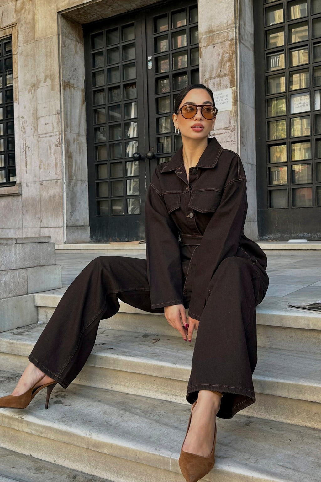 Cep Detaylı Kuşaklı Lacivert Denim Premium Ceket Pantolon Kot Jean Takım