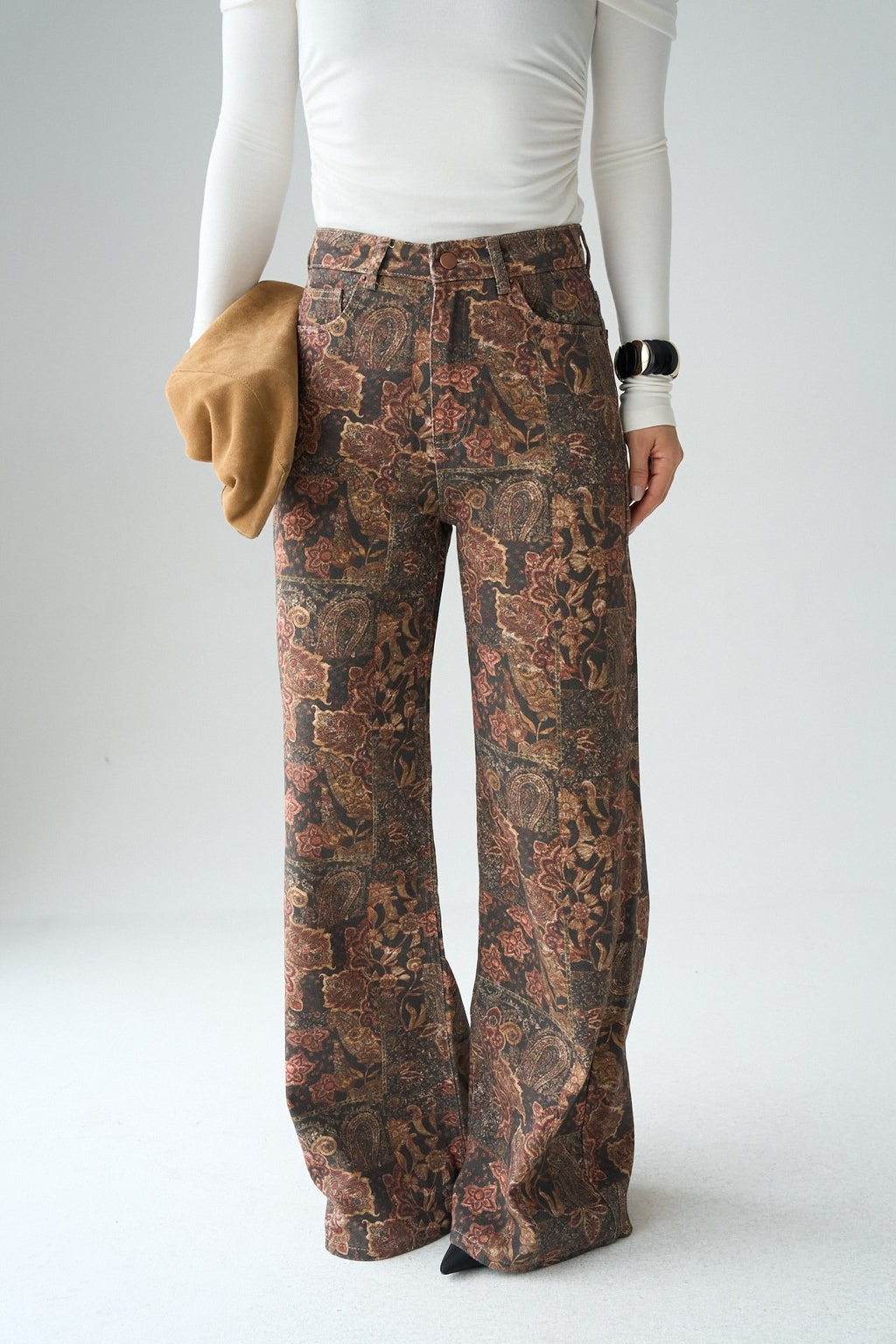 İthal Kumaş Etnik Desenli Yüksek Bel Wide Leg Jean Kot Pantolon