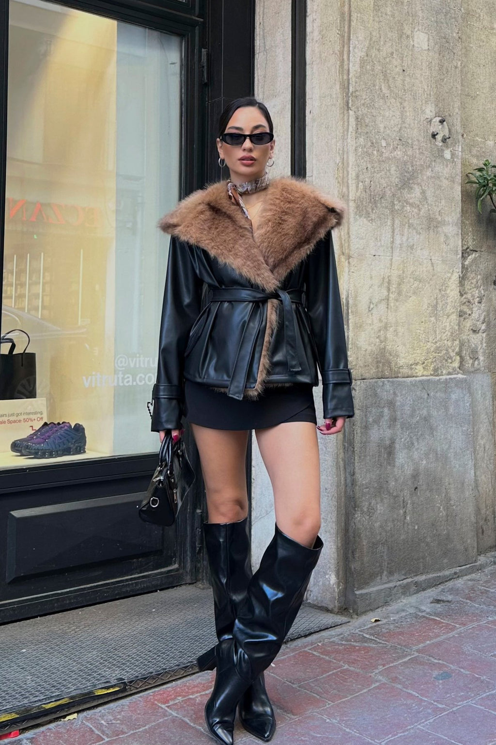 Premium Kürk Yaka Bağlamalı Deri Ceket Mont