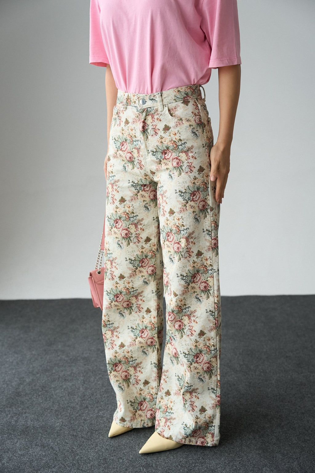 İthal Kumaş Etnik Desenli Yüksek Bel Wide Leg Jean Kot Pantolon