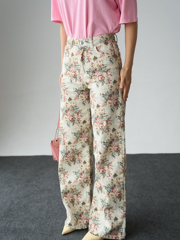 İthal Kumaş Etnik Desenli Yüksek Bel Wide Leg Jean Kot Pantolon