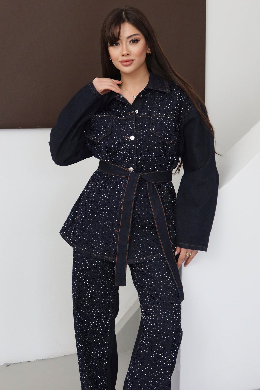Premium Taşlı Collection Series Cep Detaylı Kuşaklı Denim Ceket Pantolon Kot Jean Takım Taşlı