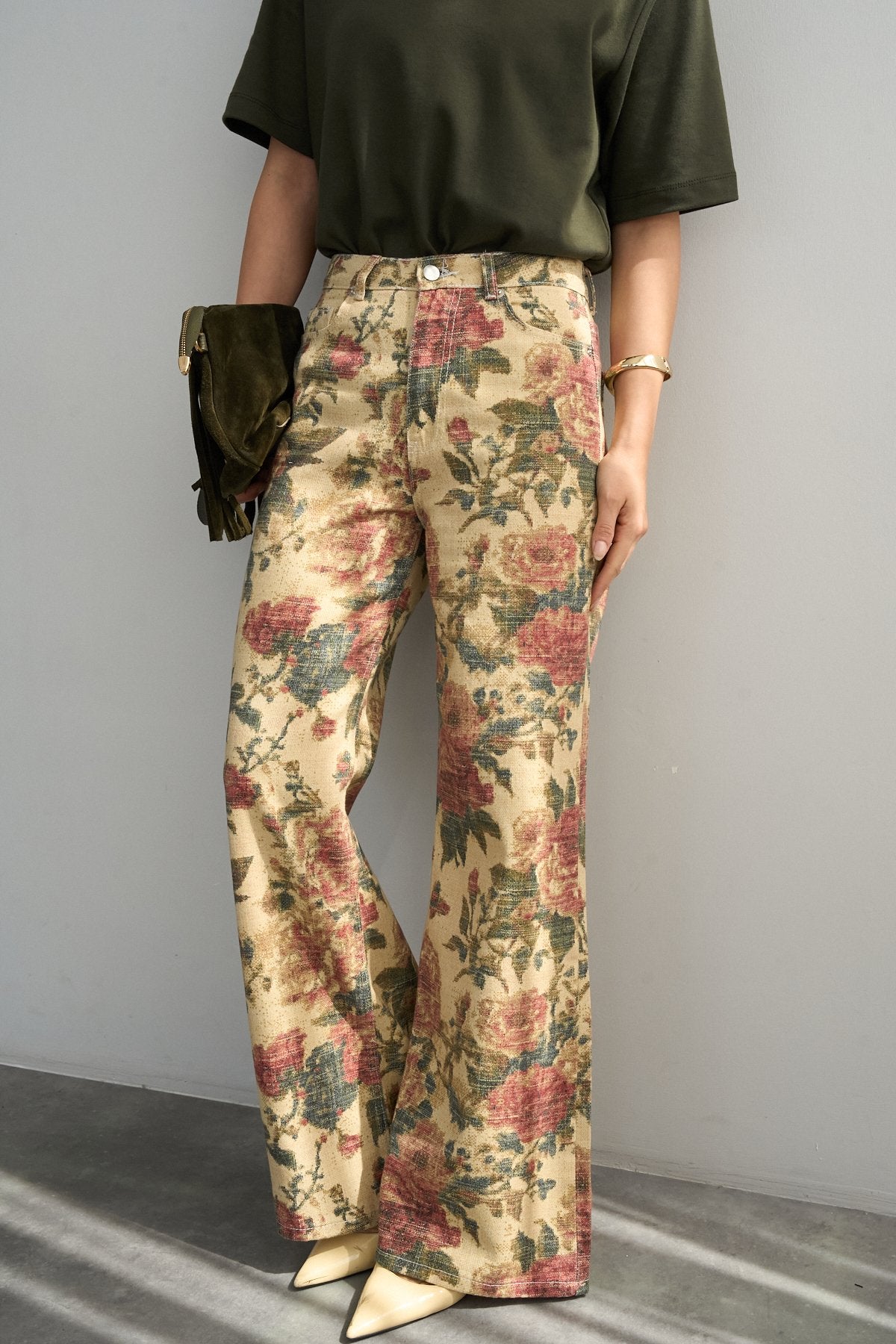İthal Kumaş Etnik Desenli Yüksek Bel Wide Leg Jean Kot Pantolon