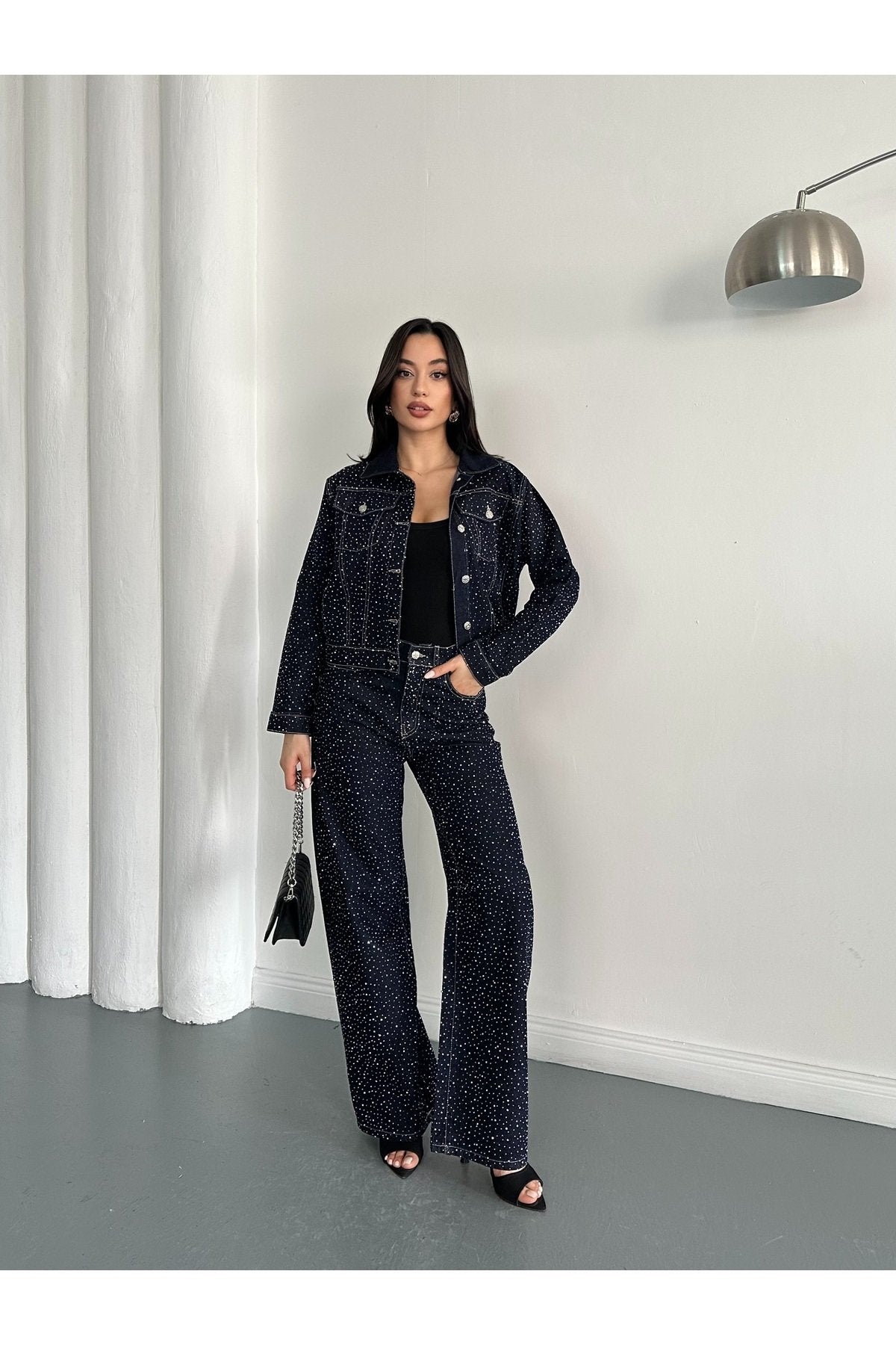 Premium Taşlı Collection Cep Detaylı Kuşaklı Denim Ceket Pantolon Kot Jean Alt Üst Taşlı Takım