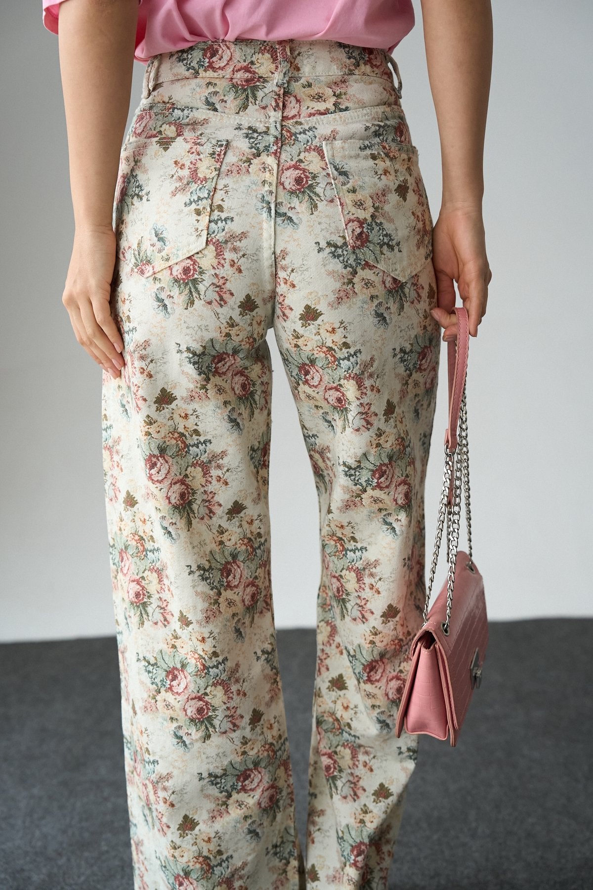 İthal Kumaş Etnik Desenli Yüksek Bel Wide Leg Jean Kot Pantolon