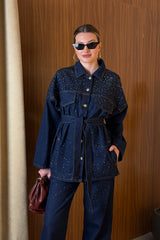 Premium Taşlı Collection Series Cep Detaylı Kuşaklı Denim Ceket Pantolon Kot Jean Takım Taşlı