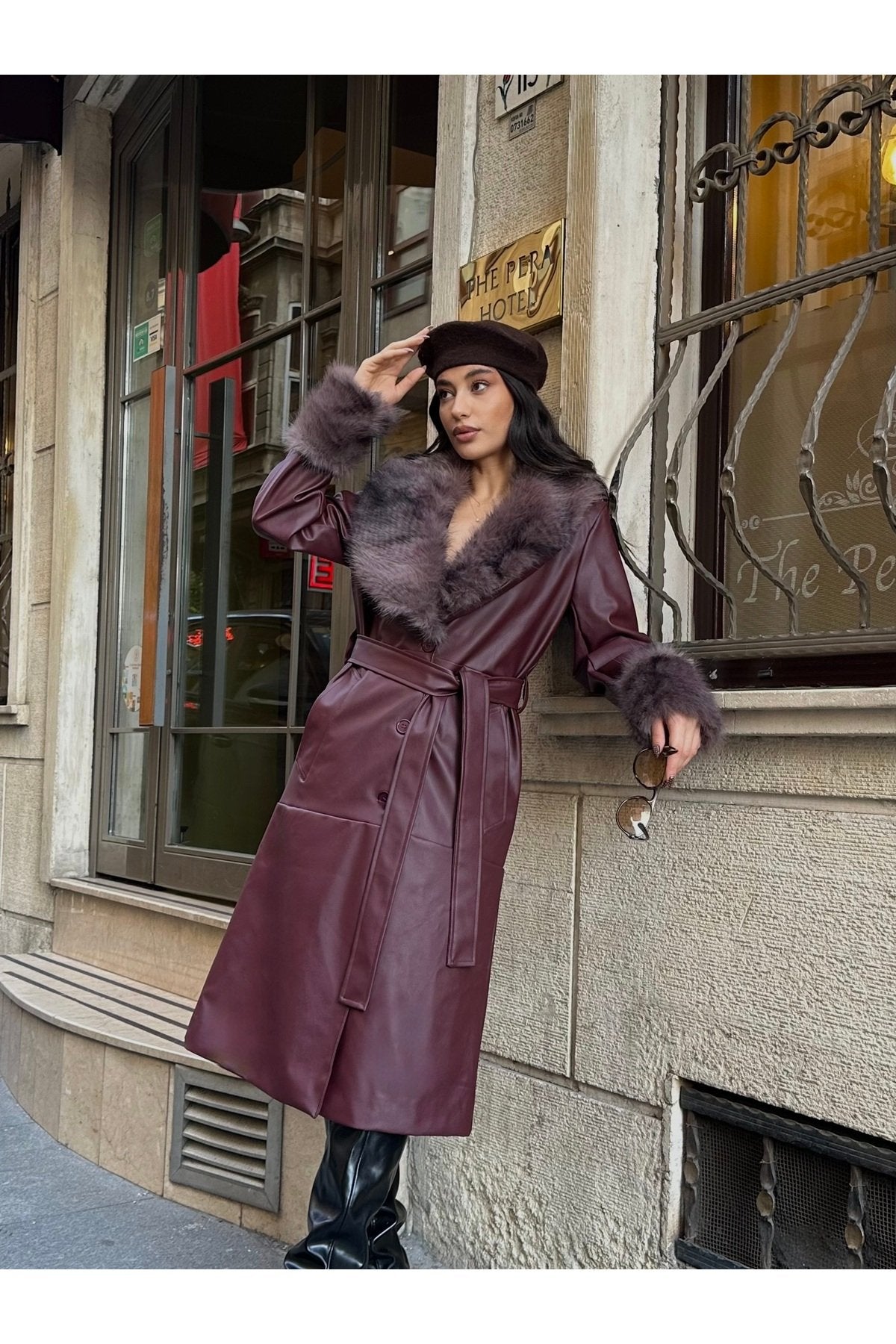 Premium Kürk Yaka Kürk Bilek Detay Cepli Astarlı Kemeri İthal Deri Kaban Mont