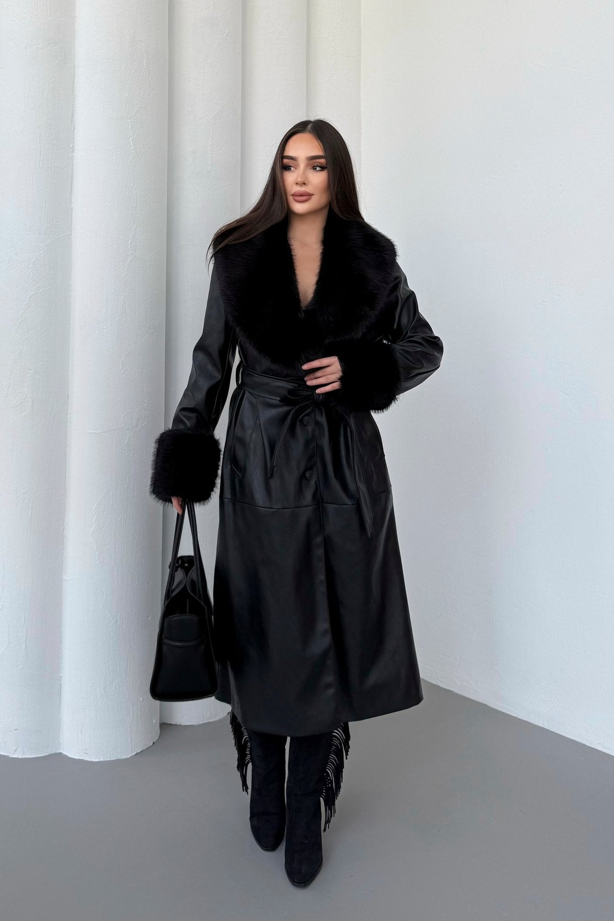 Premium Kürk Yaka Kürk Bilek Detay Cepli Astarlı Kemeri İthal Deri Kaban Mont