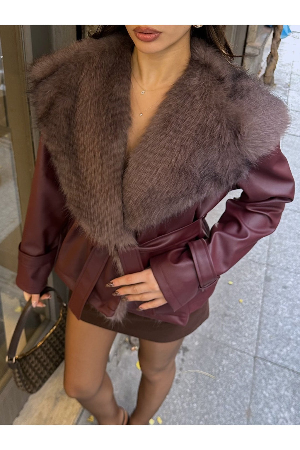 Premium Kürk Yaka Bağlamalı Deri Ceket Mont