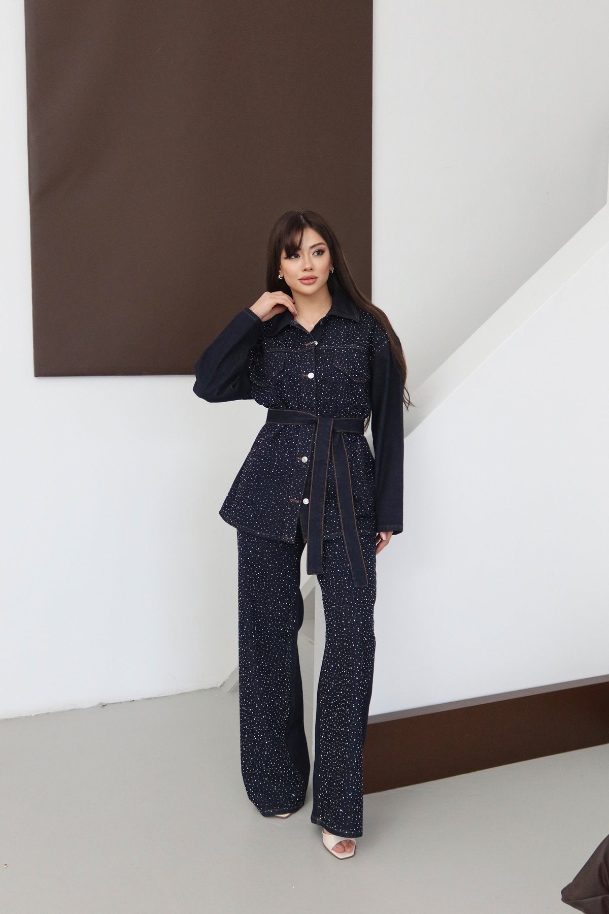 Premium Taşlı Collection Series Cep Detaylı Kuşaklı Denim Ceket Pantolon Kot Jean Takım Taşlı