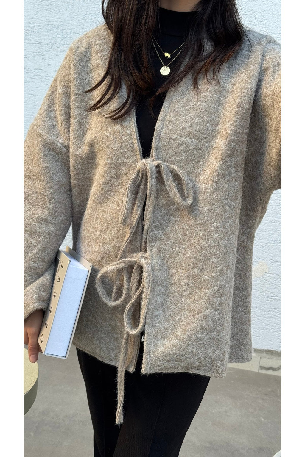 Kırçıllı Buklet Kumaş Saçaklı Astarlı Önden Bağlamalı Premium Kaşe Kimono Kaban Ceket