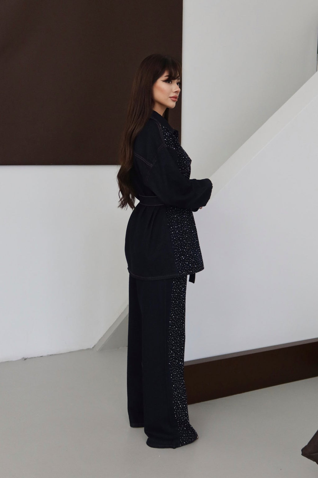 Premium Taşlı Collection Series Cep Detaylı Kuşaklı Denim Ceket Pantolon Kot Jean Takım Taşlı