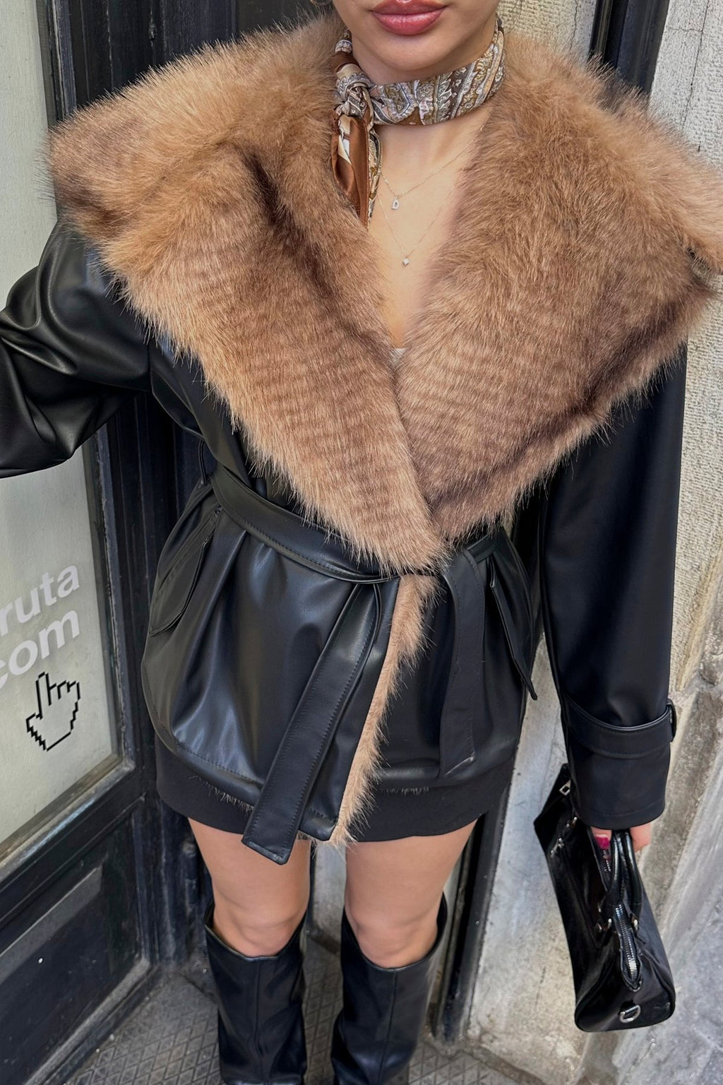 Premium Kürk Yaka Bağlamalı Deri Ceket Mont