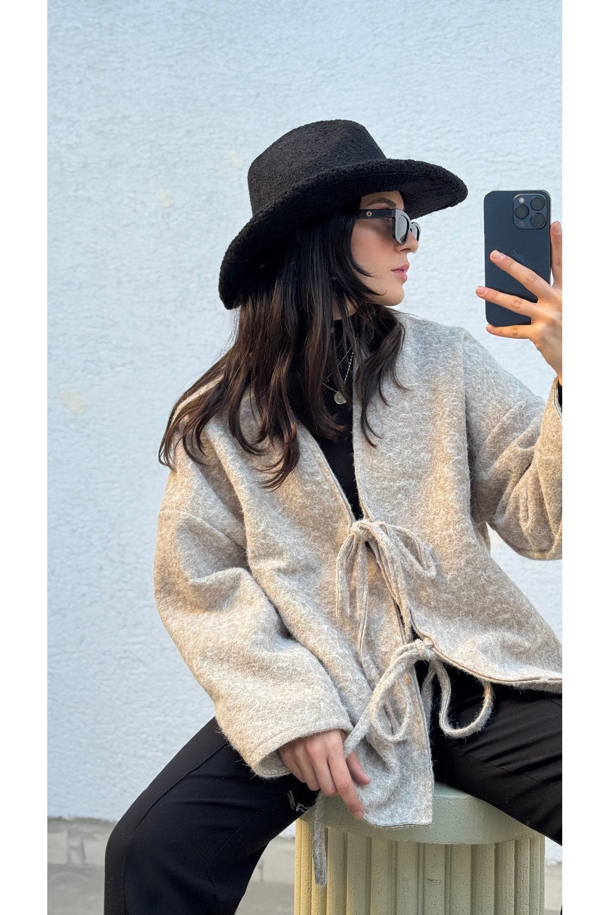 Kırçıllı Buklet Kumaş Saçaklı Astarlı Önden Bağlamalı Premium Kaşe Kimono Kaban Ceket