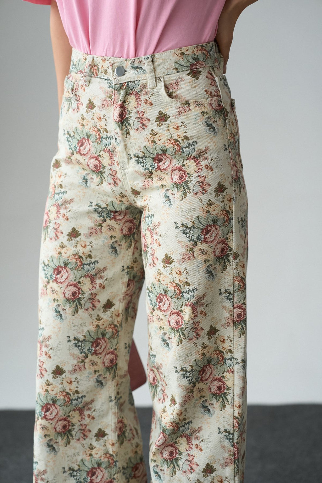 İthal Kumaş Etnik Desenli Yüksek Bel Wide Leg Jean Kot Pantolon