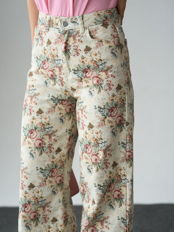İthal Kumaş Etnik Desenli Yüksek Bel Wide Leg Jean Kot Pantolon