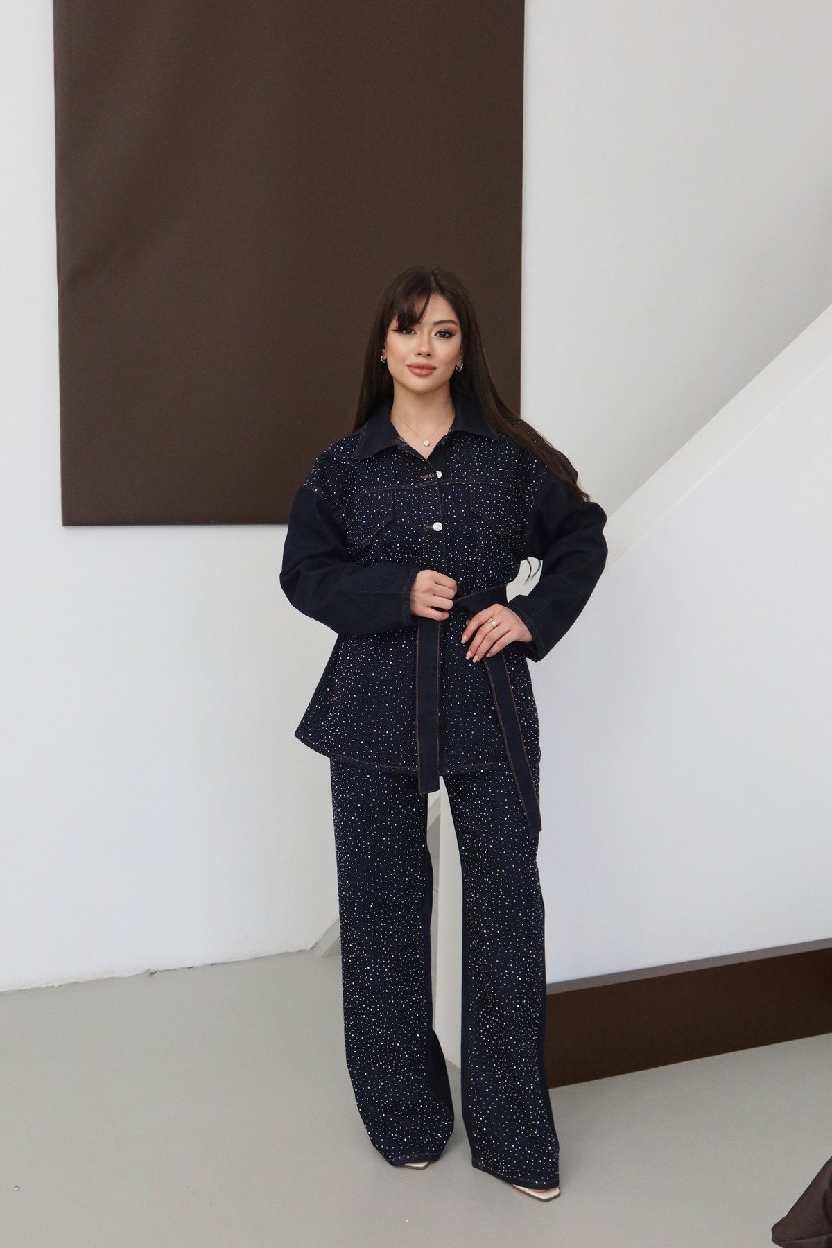Premium Taşlı Collection Series Cep Detaylı Kuşaklı Denim Ceket Pantolon Kot Jean Takım Taşlı
