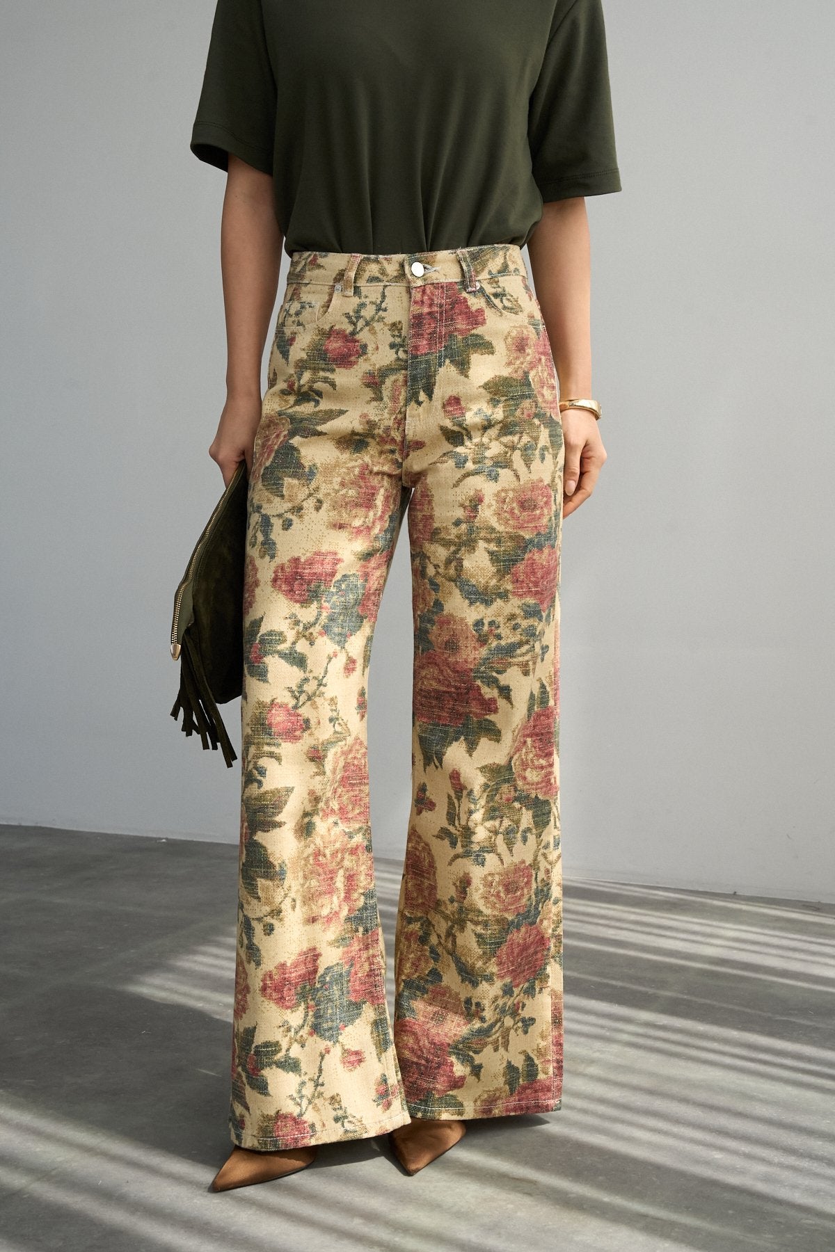 İthal Kumaş Etnik Desenli Yüksek Bel Wide Leg Jean Kot Pantolon