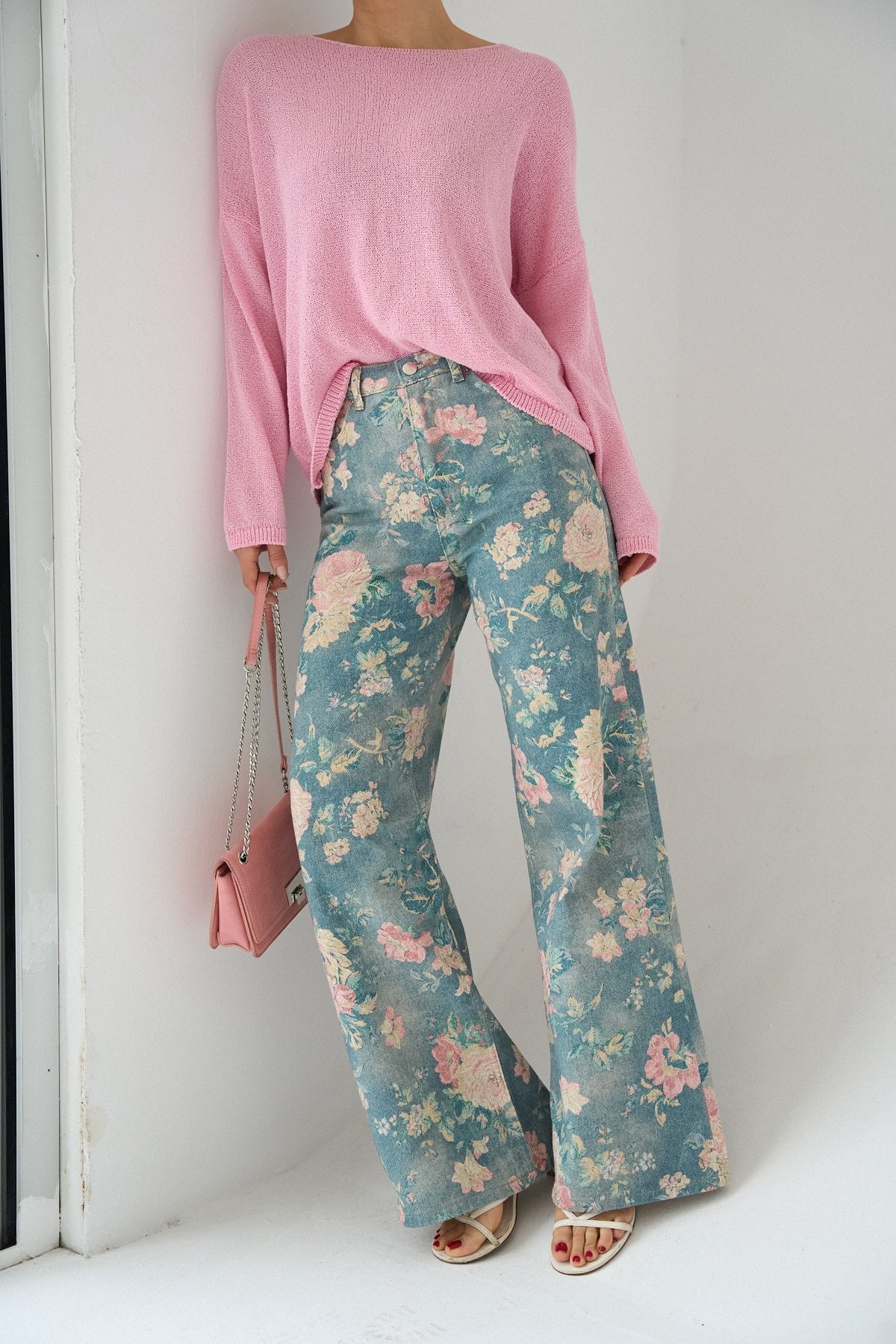 İthal Kumaş Etnik Desenli Yüksek Bel Wide Leg Jean Kot Pantolon