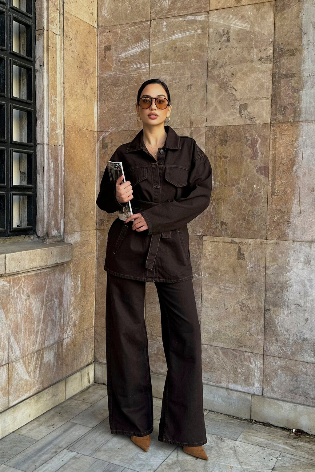 Cep Detaylı Kuşaklı Lacivert Denim Premium Ceket Pantolon Kot Jean Takım