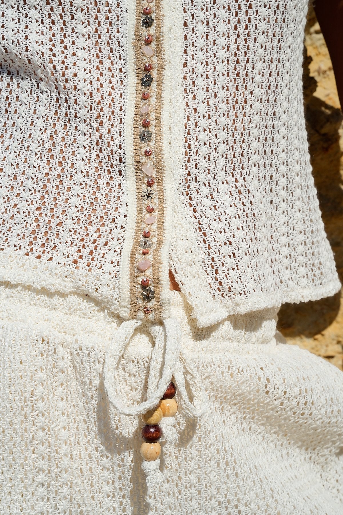 Golden Hour Güpürlü Dantel Kumaş Şerit Boncuk İşlemeli Brode Gömlek Pantolon Takım