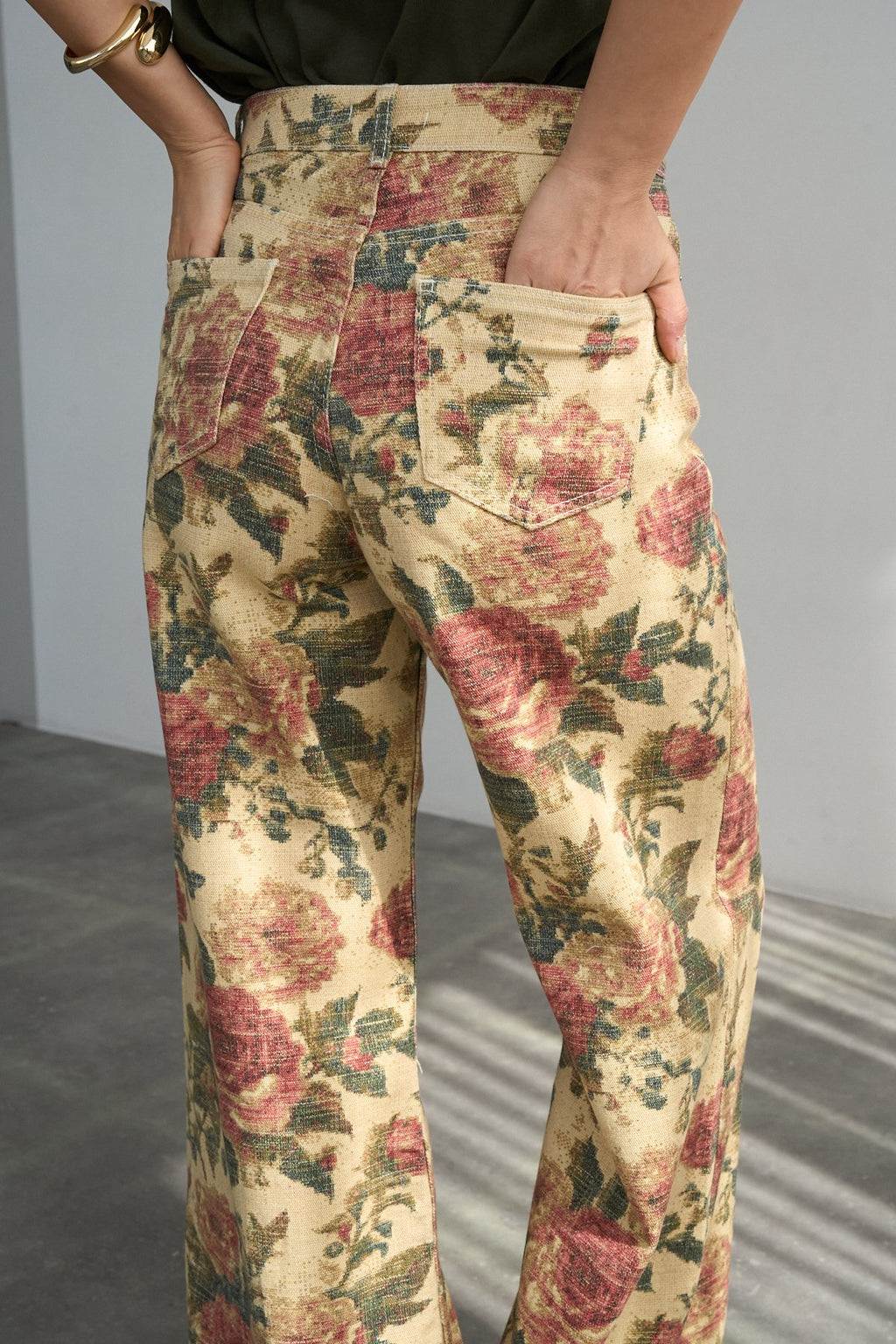 İthal Kumaş Etnik Desenli Yüksek Bel Wide Leg Jean Kot Pantolon