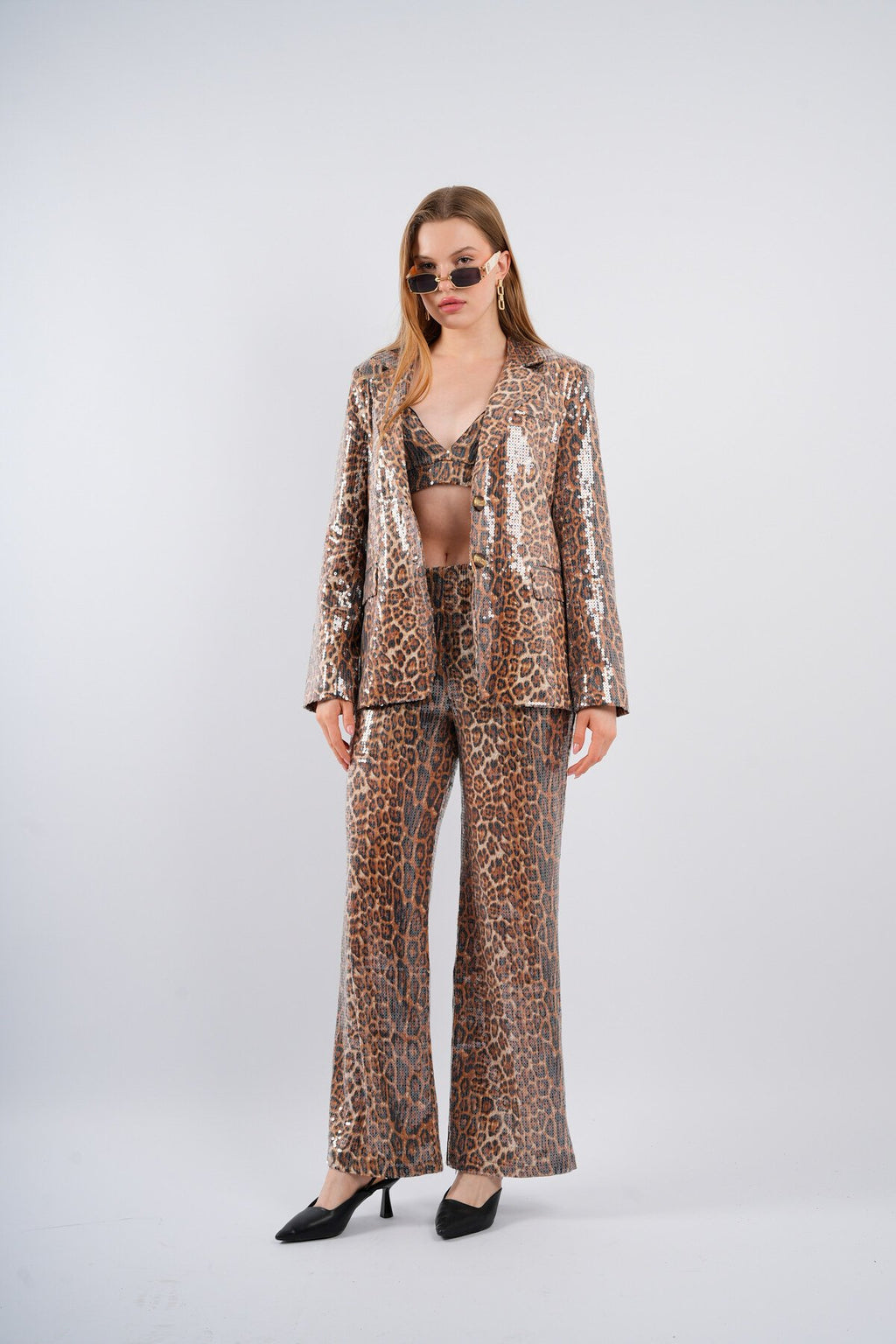 Leopar Payetli Cepli Kruvaze Ceket Büstiyer Pantolon Premium Takım