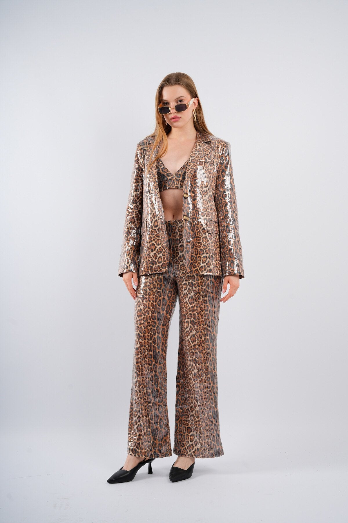 Leopar Payetli Cepli Kruvaze Ceket Büstiyer Pantolon Premium Takım