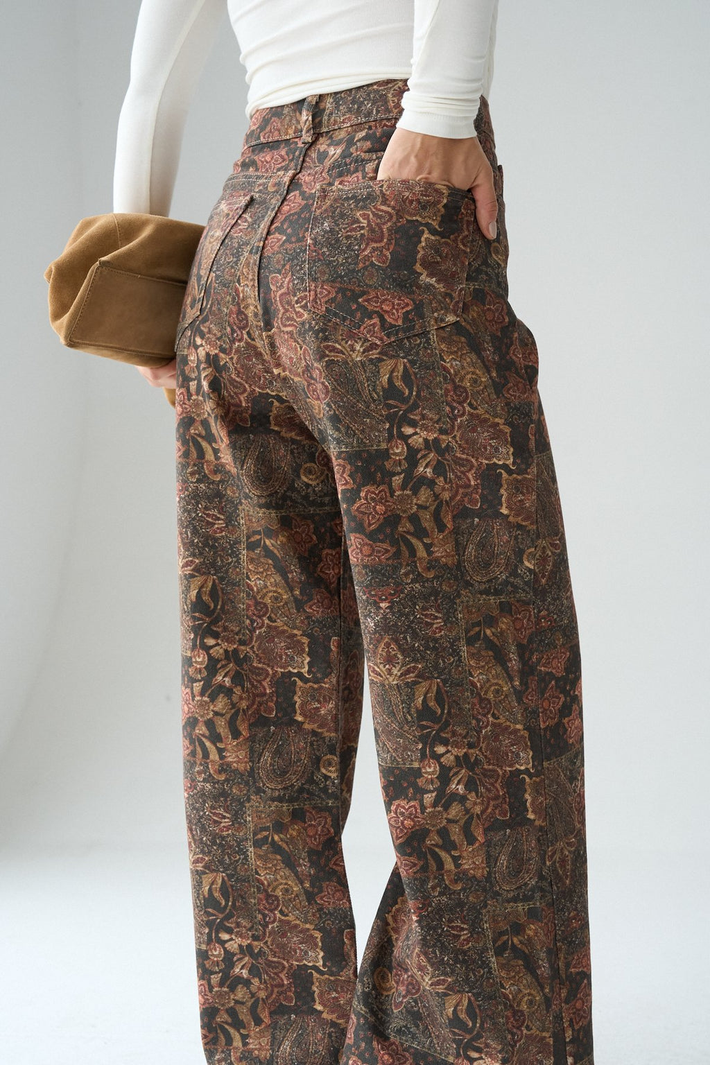 İthal Kumaş Etnik Desenli Yüksek Bel Wide Leg Jean Kot Pantolon