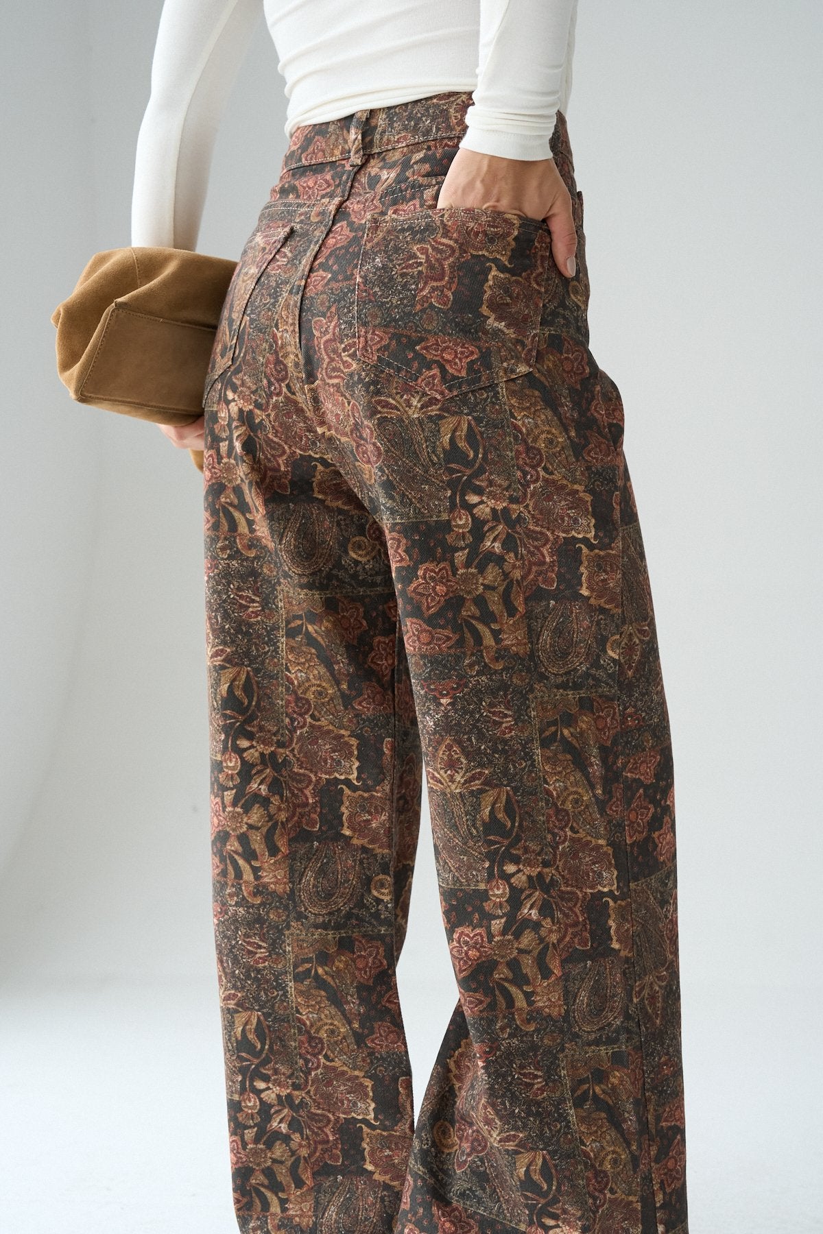 İthal Kumaş Etnik Desenli Yüksek Bel Wide Leg Jean Kot Pantolon