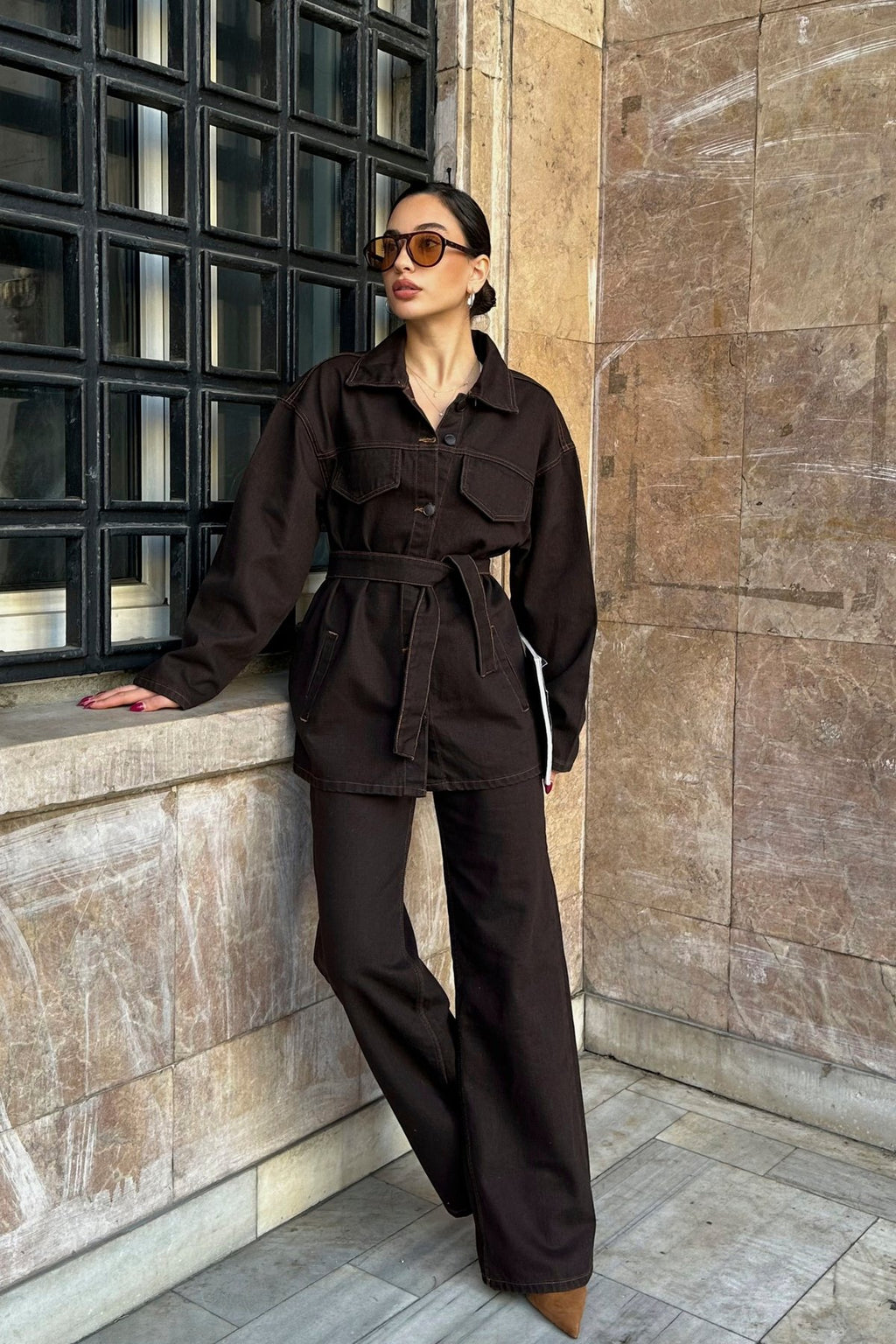 Cep Detaylı Kuşaklı Lacivert Denim Premium Ceket Pantolon Kot Jean Takım