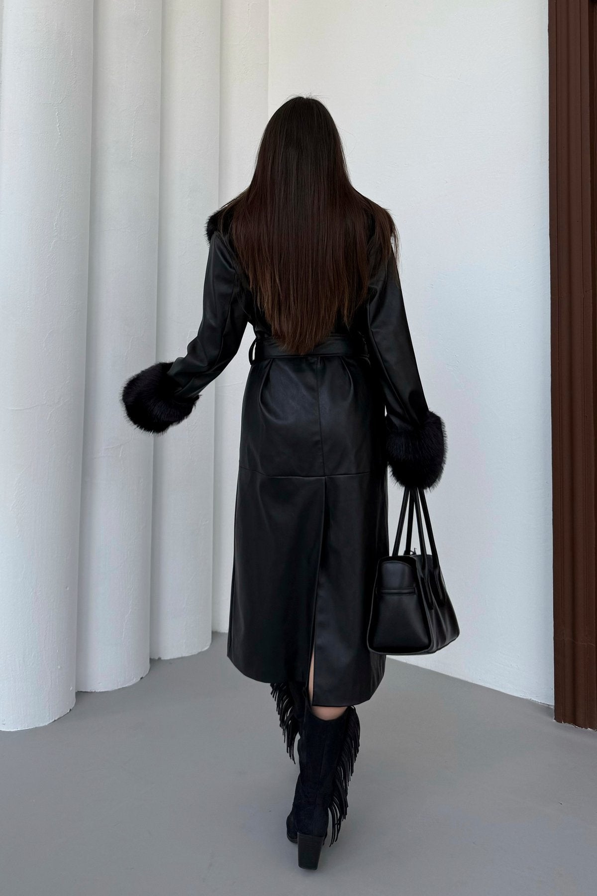 Premium Kürk Yaka Kürk Bilek Detay Cepli Astarlı Kemeri İthal Deri Kaban Mont