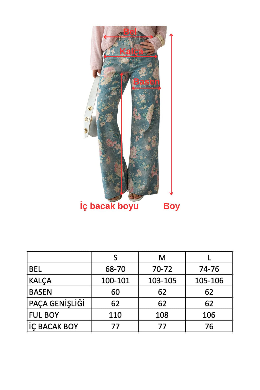 İthal Kumaş Etnik Desenli Yüksek Bel Wide Leg Jean Kot Pantolon