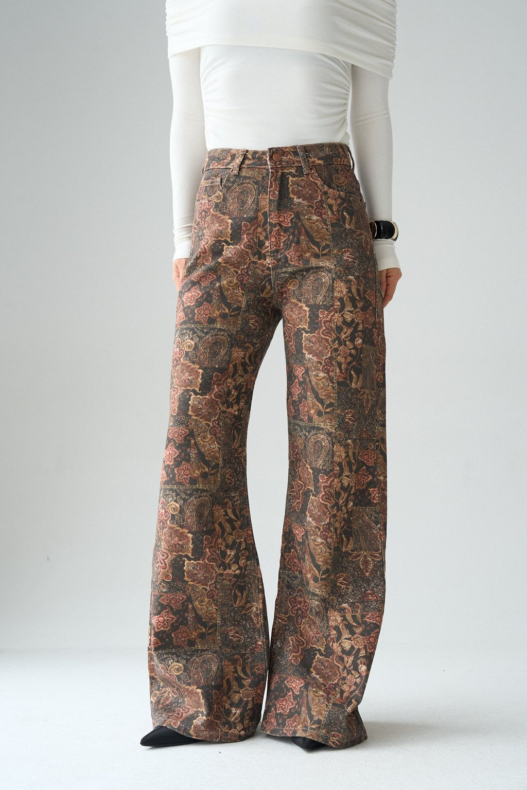 İthal Kumaş Etnik Desenli Yüksek Bel Wide Leg Jean Kot Pantolon