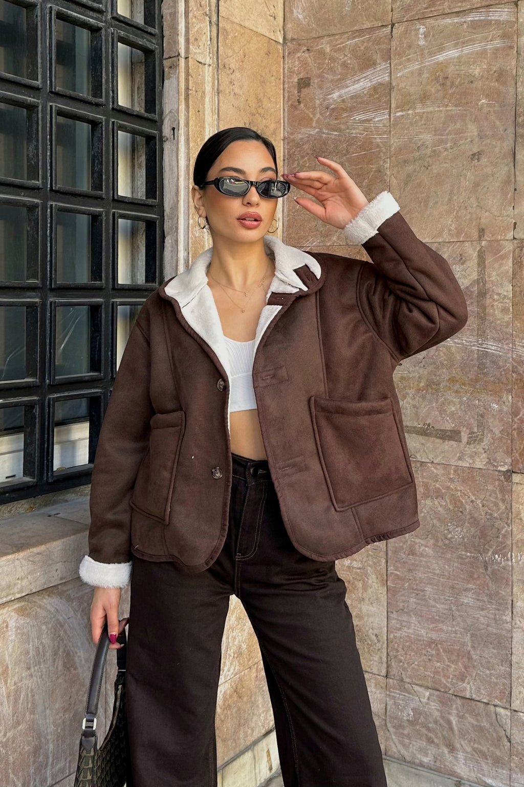 Cepli Düğmeli İçi Kürklü Süet Ceket